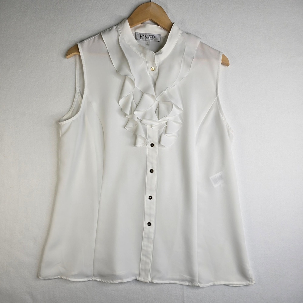 Kasper Womens White Ruffle Front Sleeveless Mock Neck Button Down Blouse Size 12